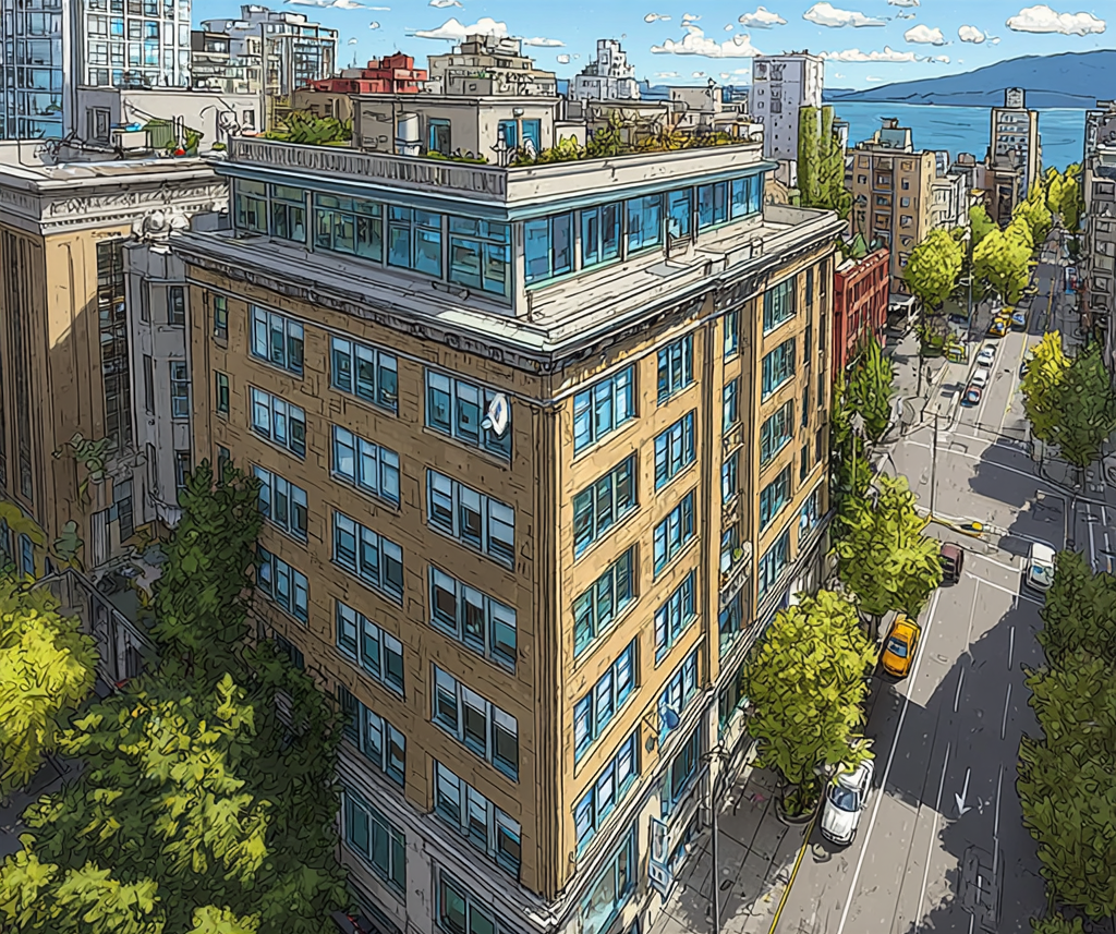 Illustrated aerial view of our Vancouver office building