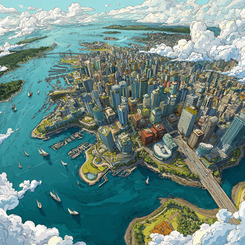 Illustrated aerial view of Vancouver